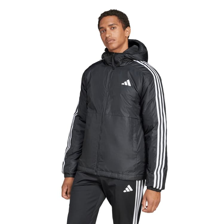 adidas Heren Essentials 3 Strepen Geïsoleerde Jas met Capuchon Zwart