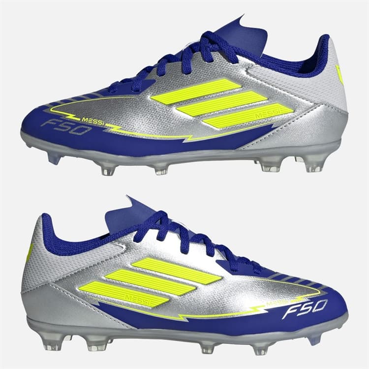 adidas Junior F50 League Messi FG/MG Firm/multi Ground Voetbalschoenen Silver Metallic/Solar Yellow/Lucid Blue