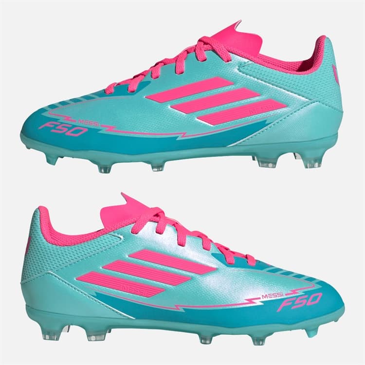 adidas Junior F50 League Messi FG/MG Firm/multi Ground Voetbalschoenen Flash Aqua/Lucid Pink/Lucid Cyan