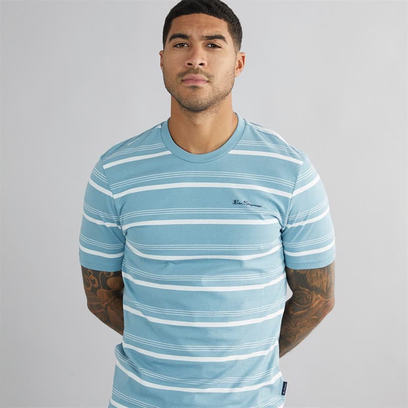 Ben Sherman Heren Fijn Gestreept T-Shirt Petrol - Afbeelding 1