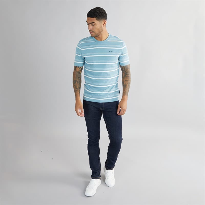 Ben Sherman Heren Fijn Gestreept T-Shirt Petrol - Afbeelding 3