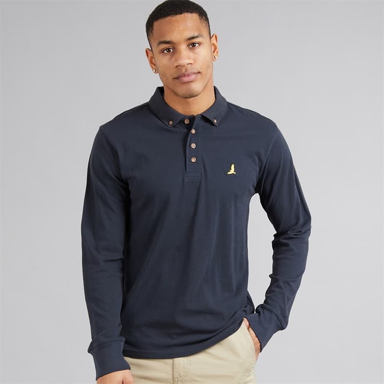 Brave Soul Heren Poloshirt Lange Mouwen Top Dark Navy