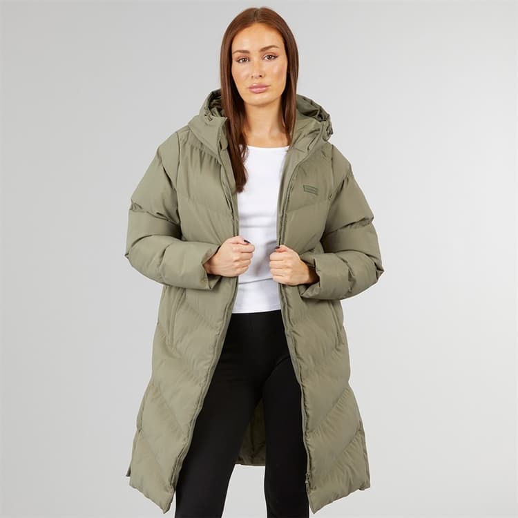 Closure London Dames Langvallende Puffer Jas Met Split Zoom Olive