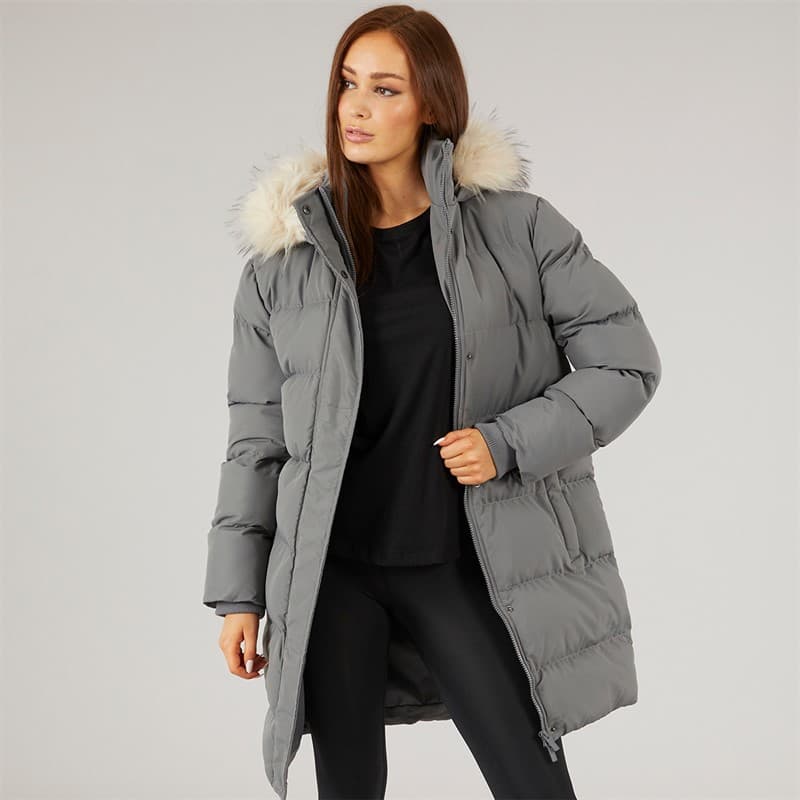 Closure London Dames Lange Imitatiebont Parka Met Capuchon Leisteen Grijs - Afbeelding 1