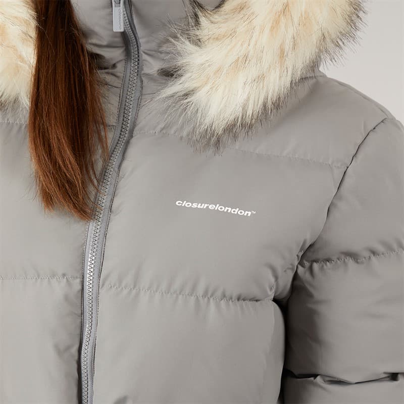 Closure London Dames Puffer met Verstelbare Taille en Nepbont Capuchon Charcoal - Afbeelding 3