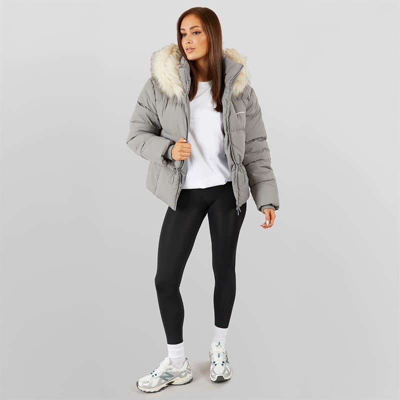 Closure London Dames Puffer met Verstelbare Taille en Nepbont Capuchon Charcoal - Afbeelding 4