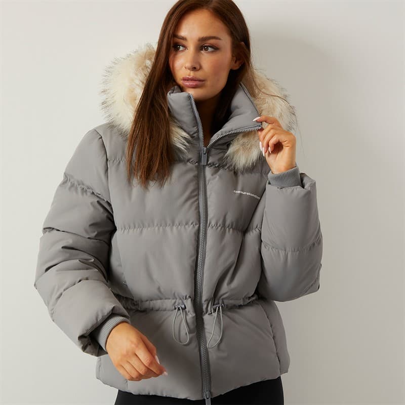 Closure London Dames Puffer met Verstelbare Taille en Nepbont Capuchon Charcoal - Afbeelding 5