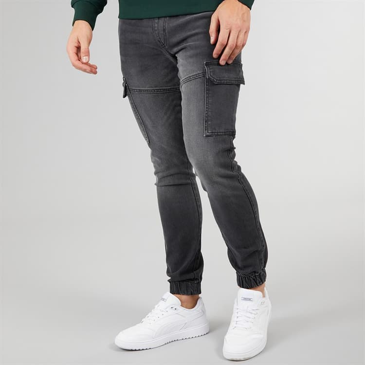 Crosshatch Heren Malimore Denim Omgeslagen Cargo Broek Gewassen Zwart