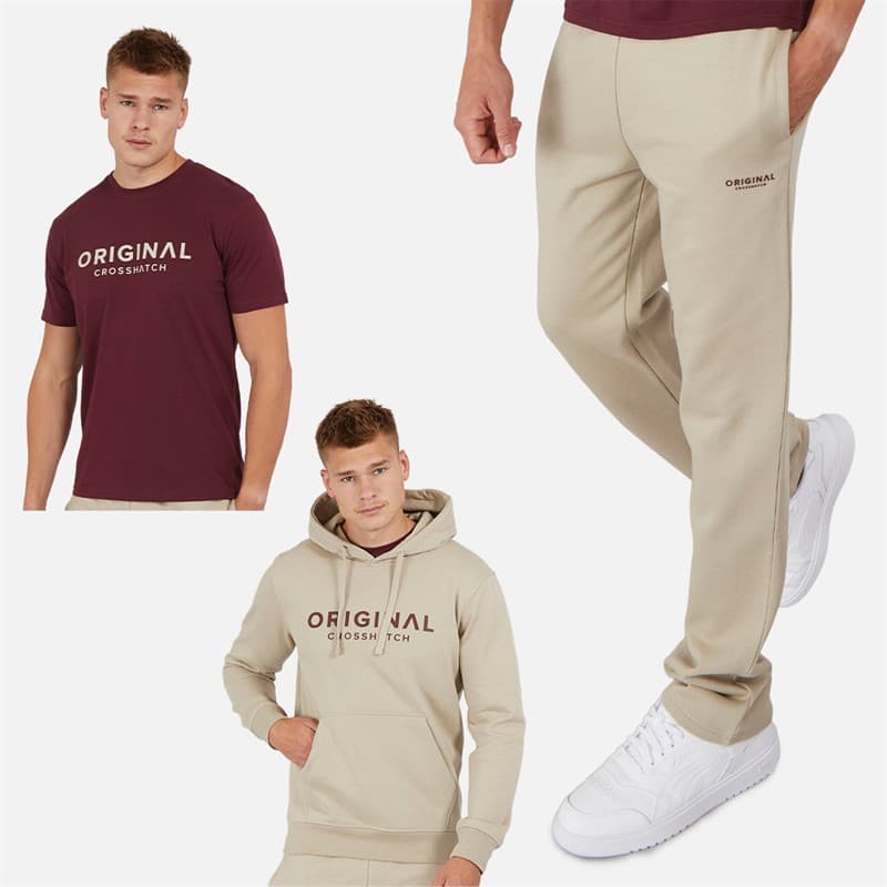 Crosshatch Heren Chemberry Hoodie T-Shirt En Open Zoom Joggingbroek Set Steen / Bordeau - Afbeelding 1