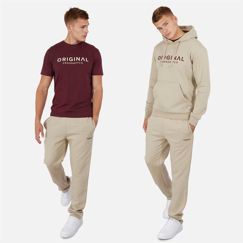 Crosshatch Heren Chemberry Hoodie T-Shirt En Open Zoom Joggingbroek Set Steen / Bordeau - Afbeelding 3