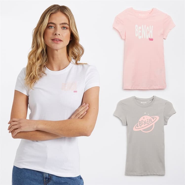 Bench Drie T-shirts met Grafische Print Dames Lolah Roze/Zilvergrijs/Wit
