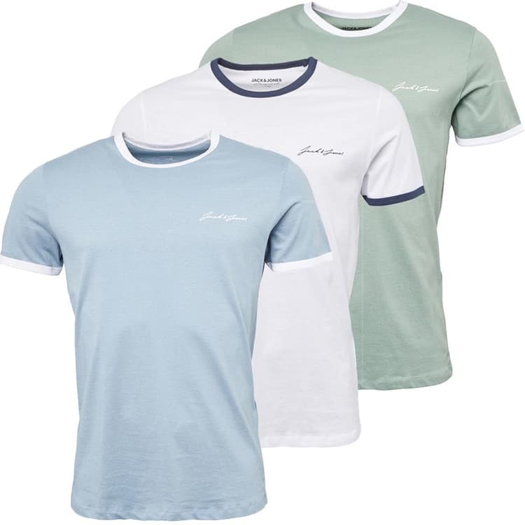 JACK & JONES Heren Ralph Drie Pack T-Shirts Wit/Ashley Blauw/Groen Milieu