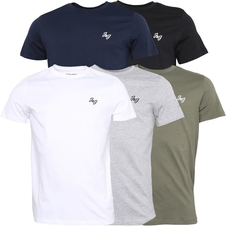 JACK & JONES Heren Joseph Set van 5 T-Shirts Marineblauw / Wit / Grijs / Dusty Olijf / Zwart