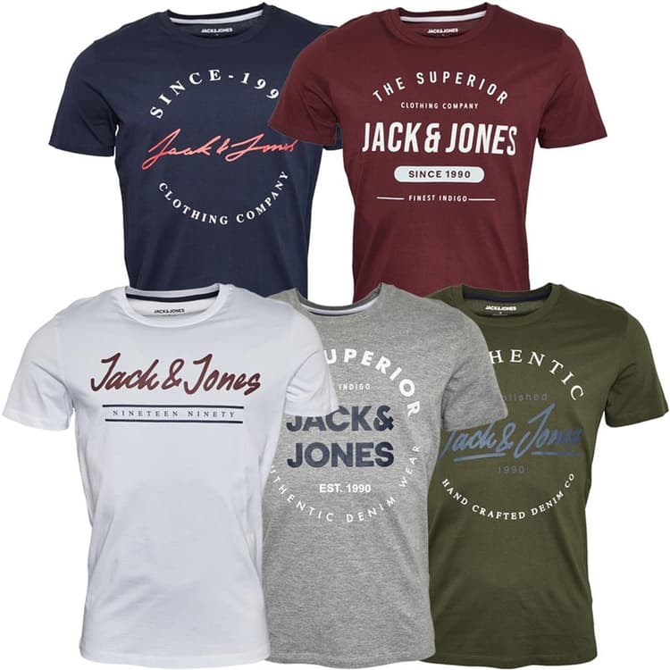 JACK & JONES 5-pack T-shirts met ronde hals Heren in de kleuren olijfnacht/wit/licht grijs melange/marineblauw