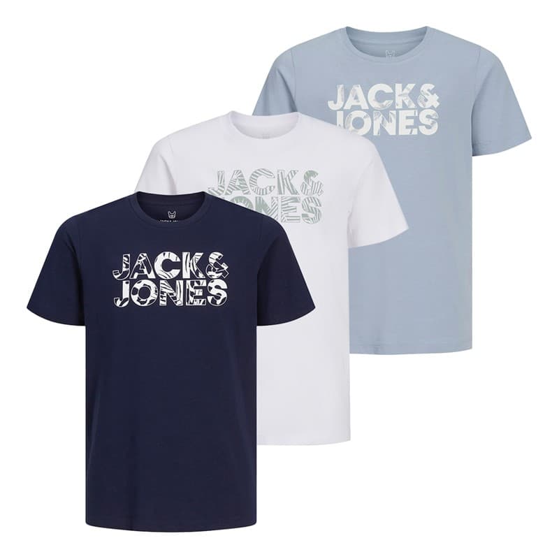 JACK & JONES Jongens Bloemen Merk Drie Pak T-shirts Wit/Ashley Blauw/Marine Blauw - Afbeelding 1