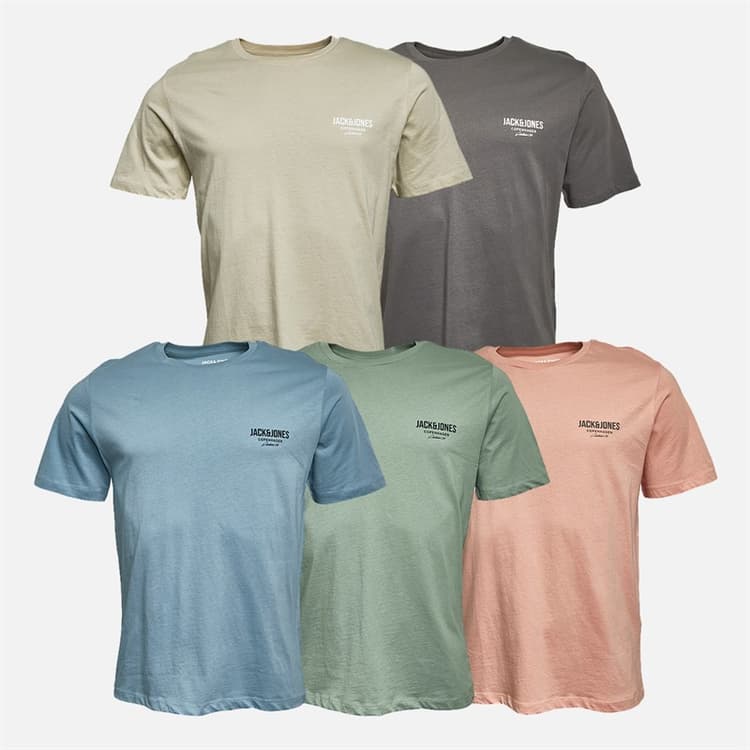 JACK & JONES Herenshirts Jeff Orion Vijf-pack T-shirts Maanlicht/Kasteelrots/Bergbron/Koraal Amandel/IJsberg Groen