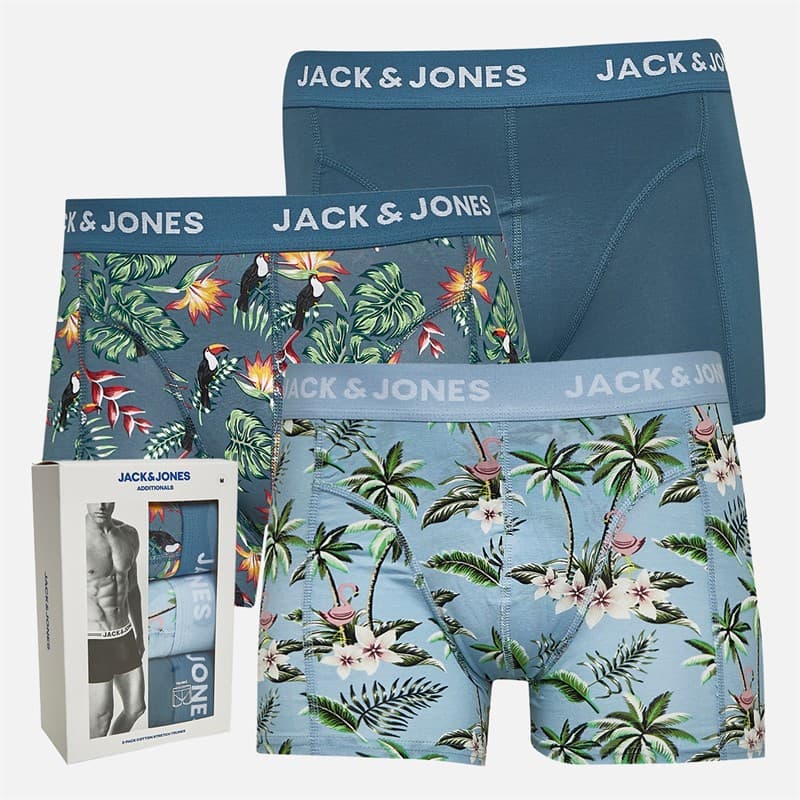 JACK & JONES Heren Bloemen Vogel Drie Pak Boxershorts Chambray Blue/Oceanview/Oceanview - Afbeelding 1