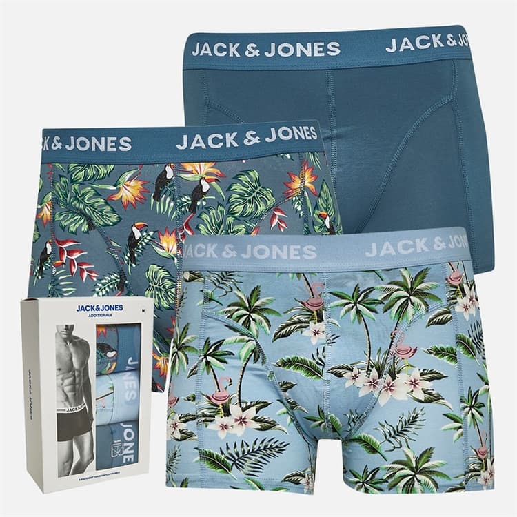 JACK & JONES Heren Bloemen Vogel Drie Pak Boxershorts Chambray Blue/Oceanview/Oceanview
