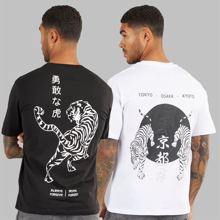 JACK & JONES Heren Relaxte Pasvorm Rug Print Set van 2 T-Shirts Zwart / Wit