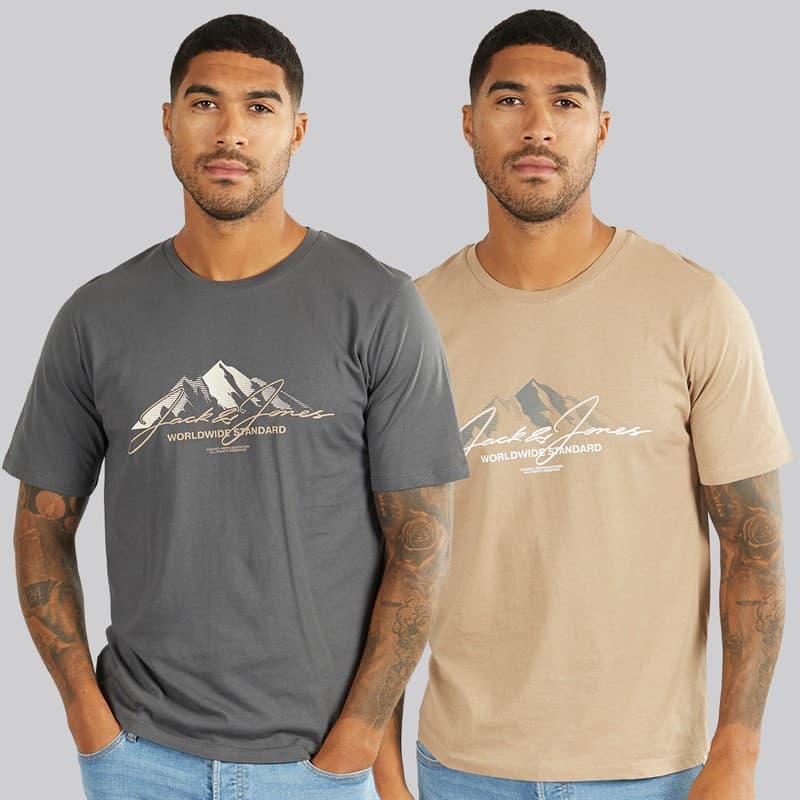 JACK & JONES Heren Cover Mountain Twee Pak T-Shirts Asphalt / Silver Mink - Afbeelding 1