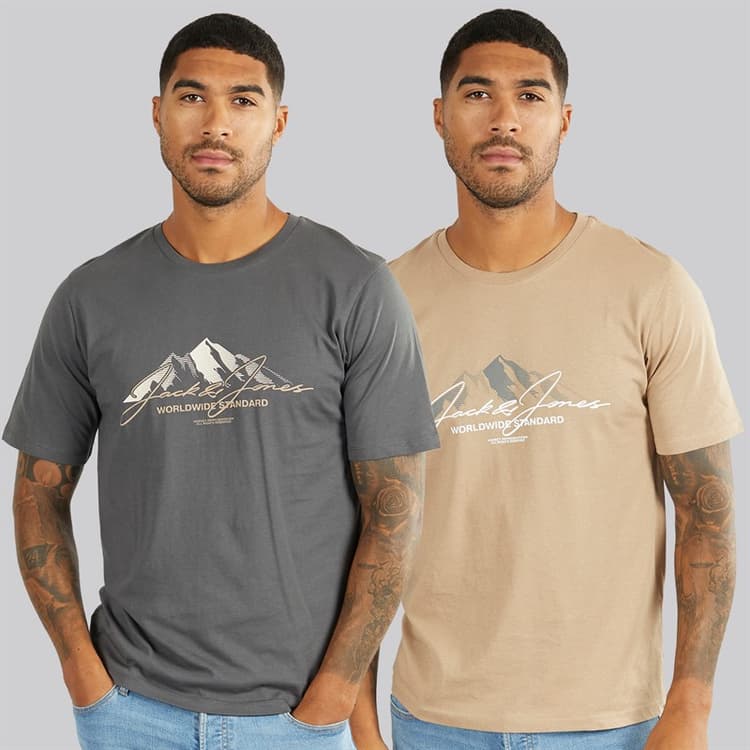JACK & JONES Heren Cover Mountain Twee Pak T-Shirts Asphalt / Silver Mink