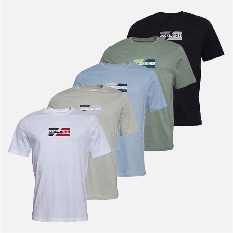 JACK & JONES Heren Slash Vijf Pack T-shirts Bright White/Zwart/Cashmere Blue/Iceberg Green/Glacier Grey - Afbeelding 1