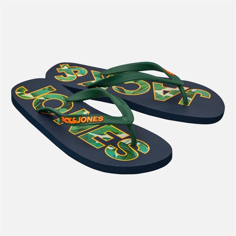 JACK & JONES Heren palmprint logo slippers Navy Blazer/Verdant Green - Afbeelding 1