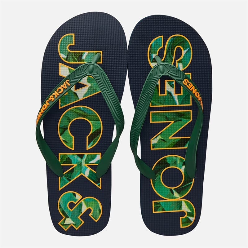 JACK & JONES Heren palmprint logo slippers Navy Blazer/Verdant Green - Afbeelding 4
