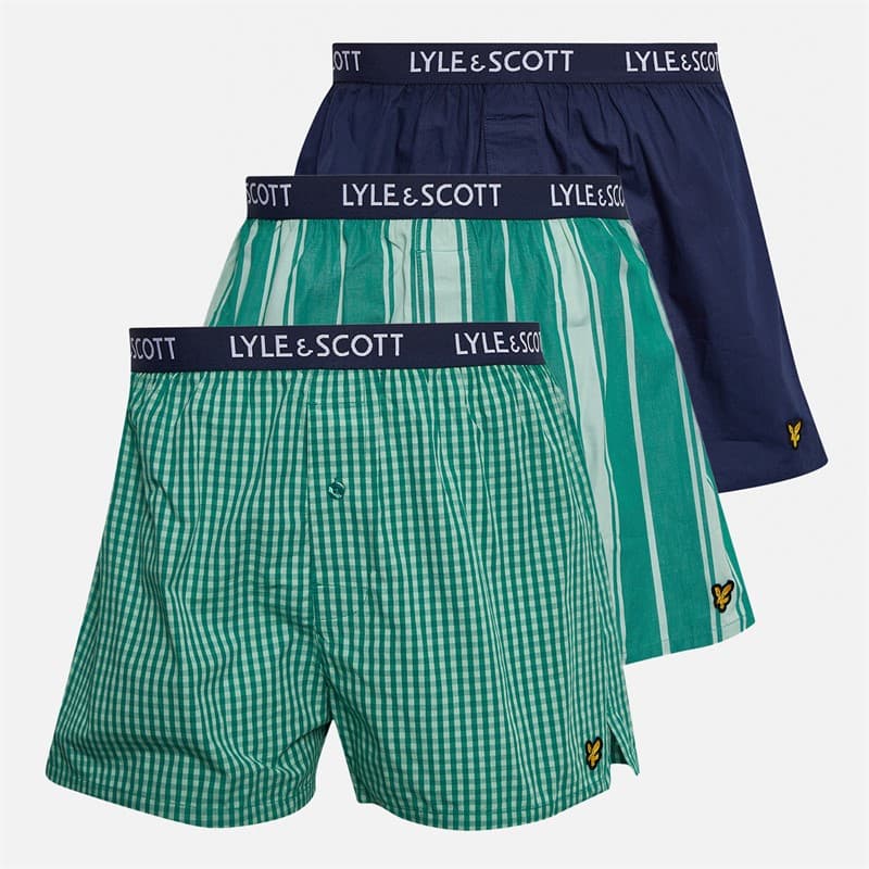 Lyle And Scott Vintage Heren Lenny Drie Pack Boxers Cadmium Groen/Jade Streep/Peacoat/Cadmium Groen Gingham Cadmium Green & Jade Stripe/Peacoat/Cadmium Green Gingham - Afbeelding 1