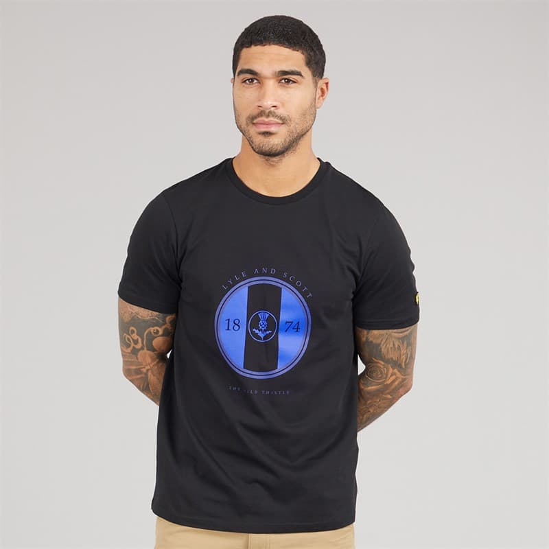 Lyle And Scott Vintage Heren Sporty Distel Grafisch T-shirt X779 Jet Black/Now Blue - Afbeelding 1