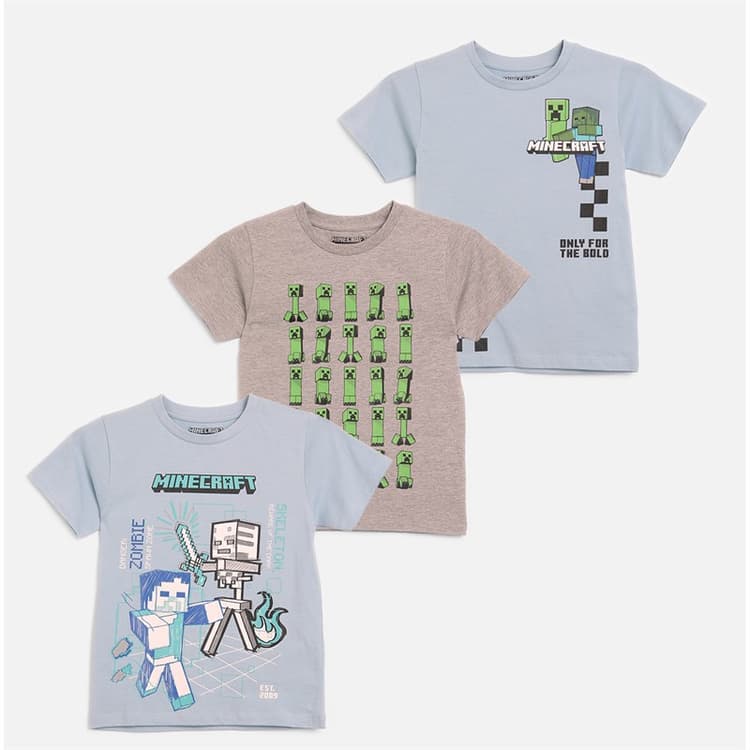 Minecraft Jongens Drie Pak T Shirts Set Hemelsgrijs/Blauw Sky-Grey-Blue