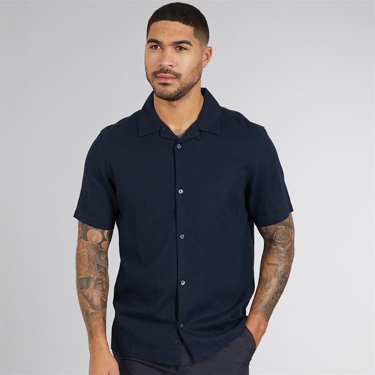 French Connection Heren Linen Overhemden met korte mouwen Blauw