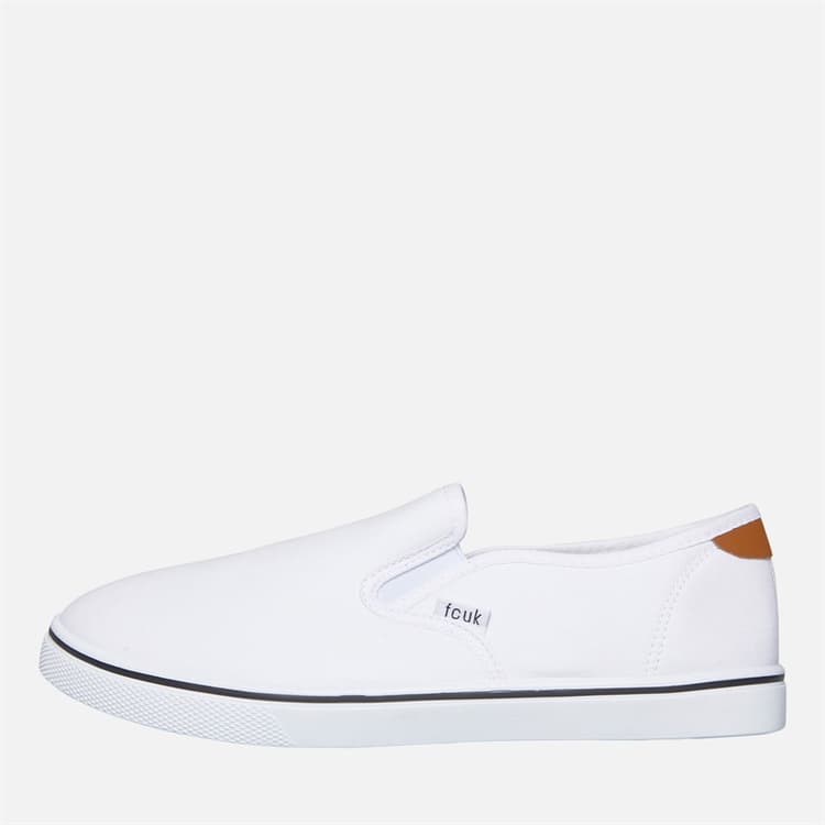 French Connection Heren FCUK Deck Instappers Canvas Sneakers Wit/Tan At Heel