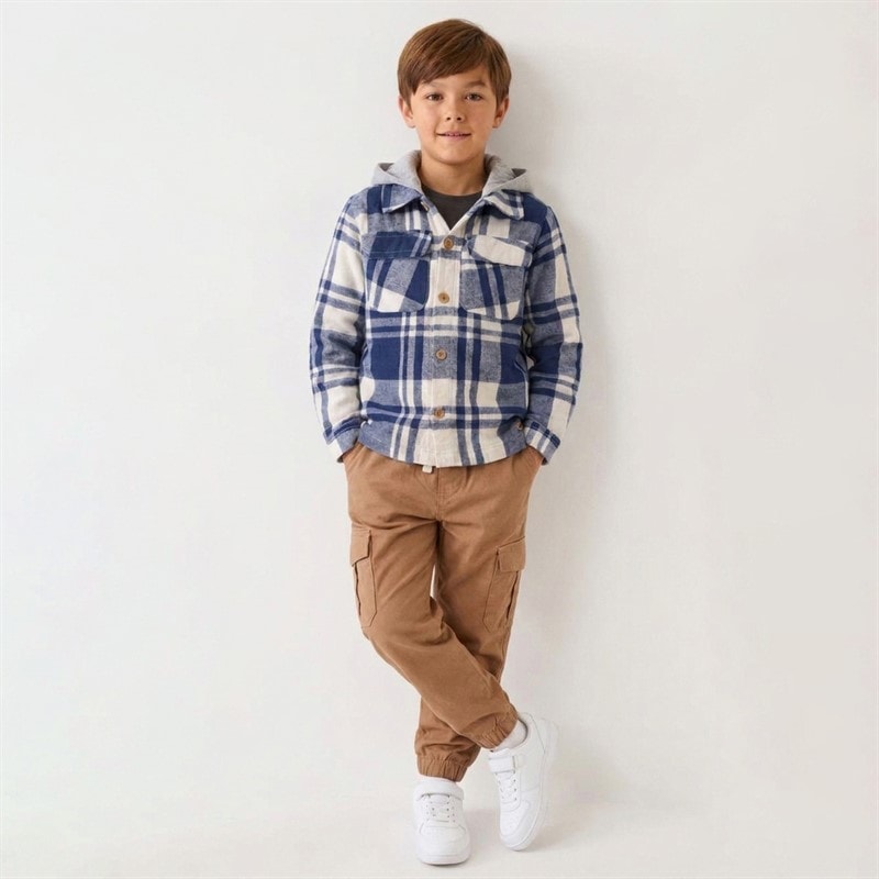 Ensemble chemise à capuche en flanelle et cargo en toile garçons Marine - Image 1