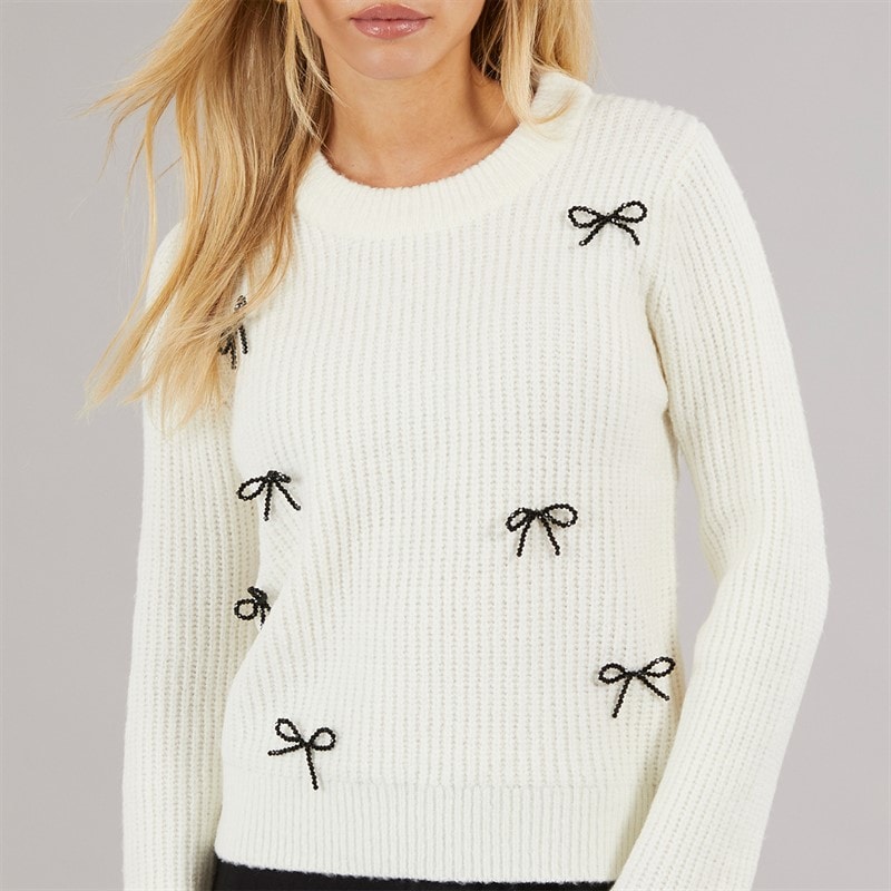 Dames fisherman trui met ronde hals Cream/Zwarte Bows - Afbeelding 3