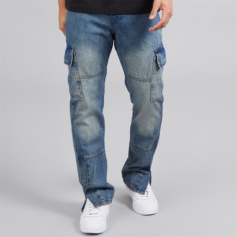 Brave Soul Mężczyźni luźne spodnie cargo jeansowe - Mid Blue