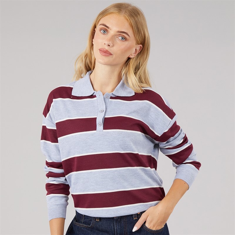 Dames jerico gebreid poloshirt Metallic Grey/Wine/Ivory - Afbeelding 1