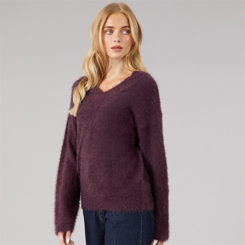 Pull à col en V Brent duveteux femmes Plum - Image 1