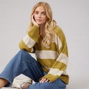 Dames ditto trophy neck trui Olive Green/Oatmeal Stripe