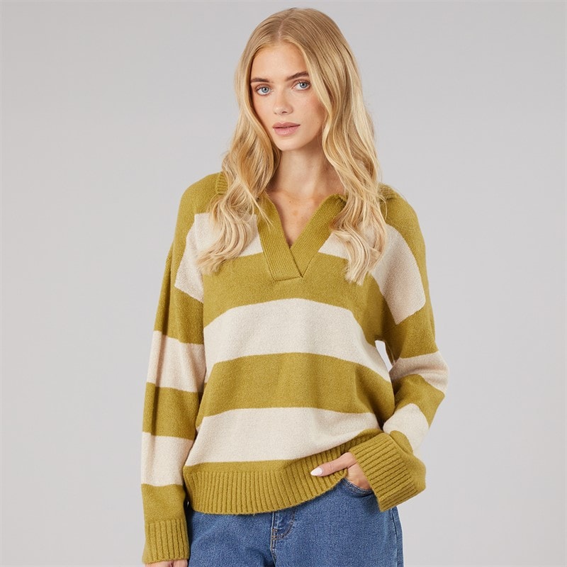 Dames ditto trophy neck trui Olive Green/Oatmeal Stripe - Afbeelding 3