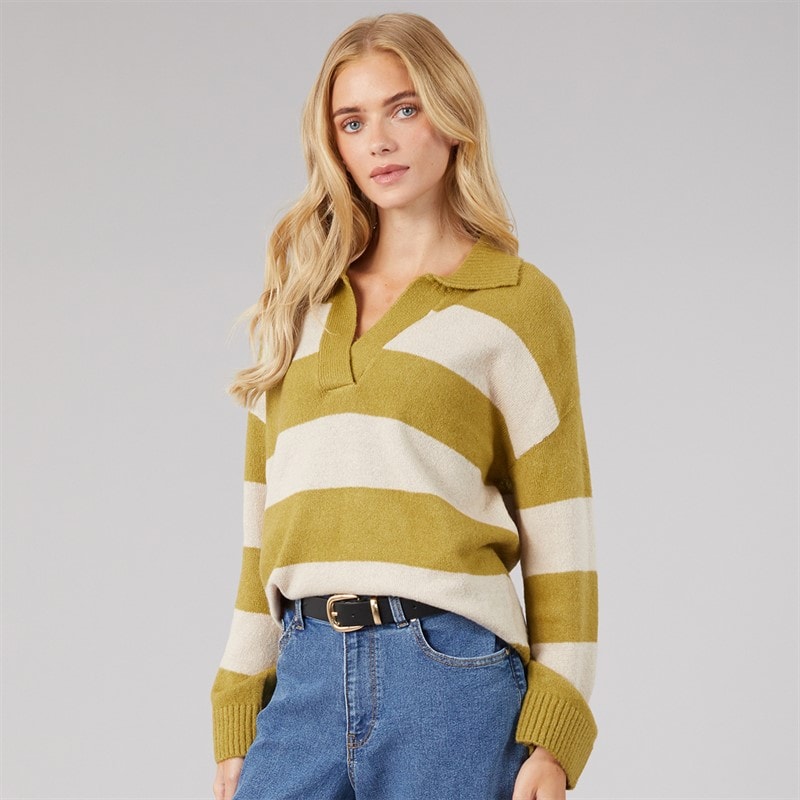 Dames ditto trophy neck trui Olive Green/Oatmeal Stripe - Afbeelding 5