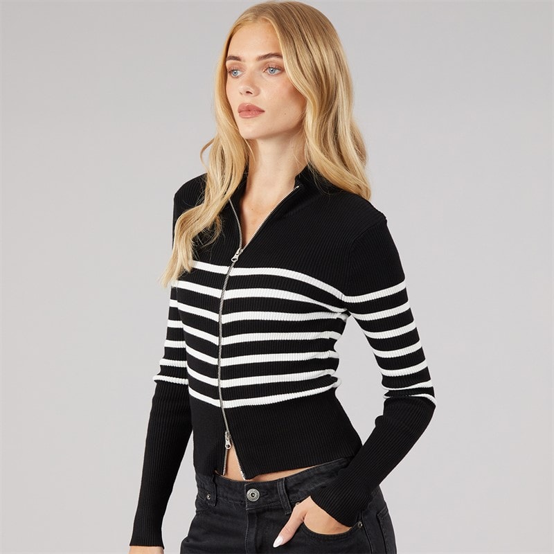 Cardigan rayé zippé femmes Noir/Blanc - Image 3