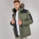 Heren tillor gewatteerde parka met capuchon en bontkraag Khaki/Zwart