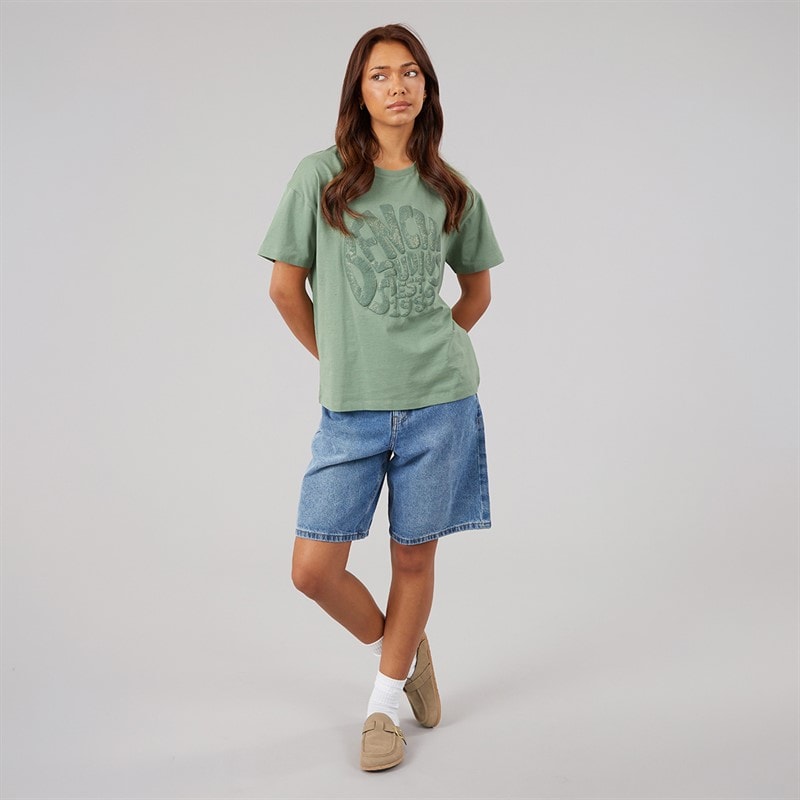 Damskie t-shirt jana boxy z błyszczącą grafiką Sage Green – zdjęcie  3