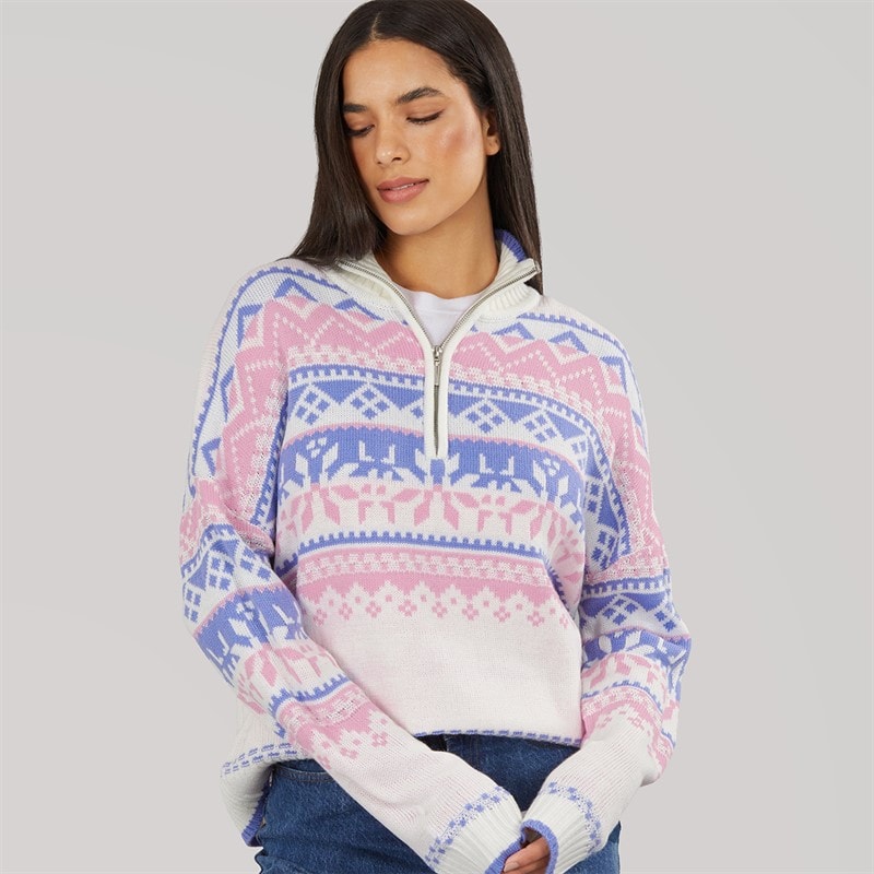 Damen - Fair-Isle Pullover mit Halbzipper Pastel Purple Pink - Bild 1