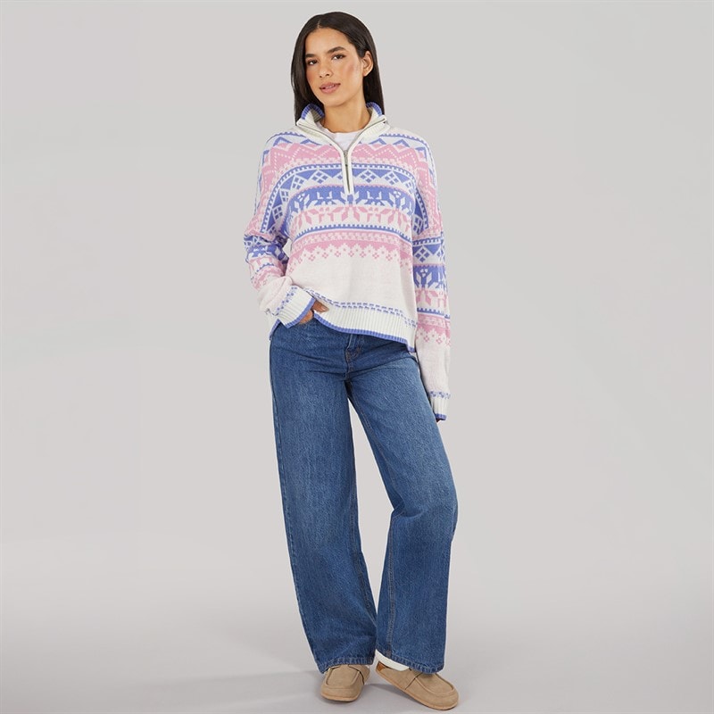 Damen - Fair-Isle Pullover mit Halbzipper Pastel Purple Pink - Bild 3