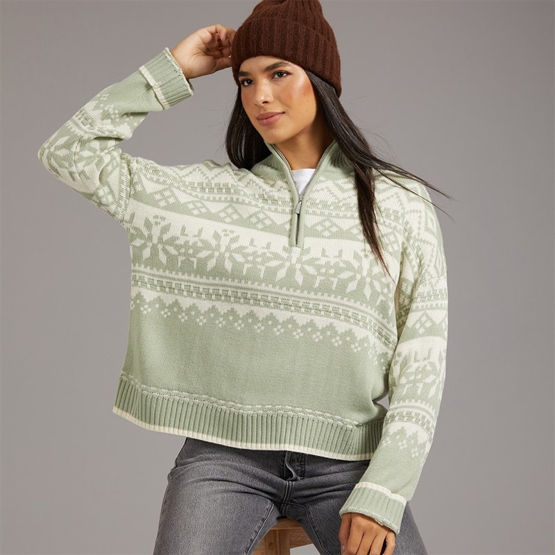 Board Angels Damskie sweter fair isle z półzamkiem - Pastel Sage/Ivory