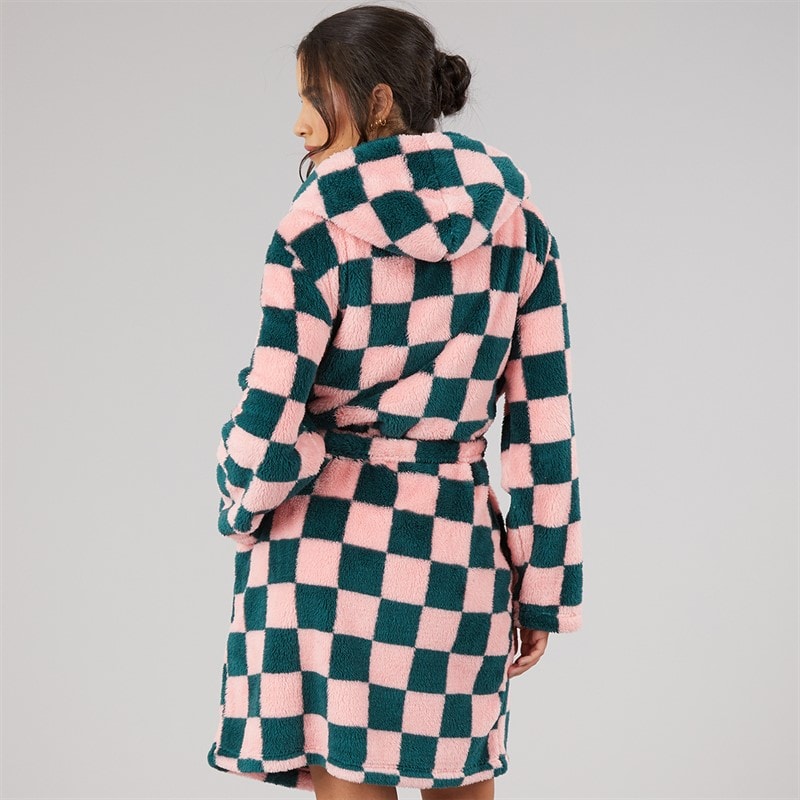 Dames wellsoft geruite gewatteerde badjas met capuchon Roze/Groen Check - Afbeelding 2