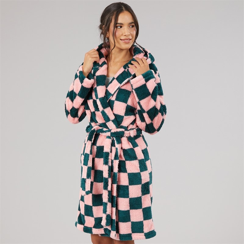 Dames wellsoft geruite gewatteerde badjas met capuchon Roze/Groen Check - Afbeelding 3