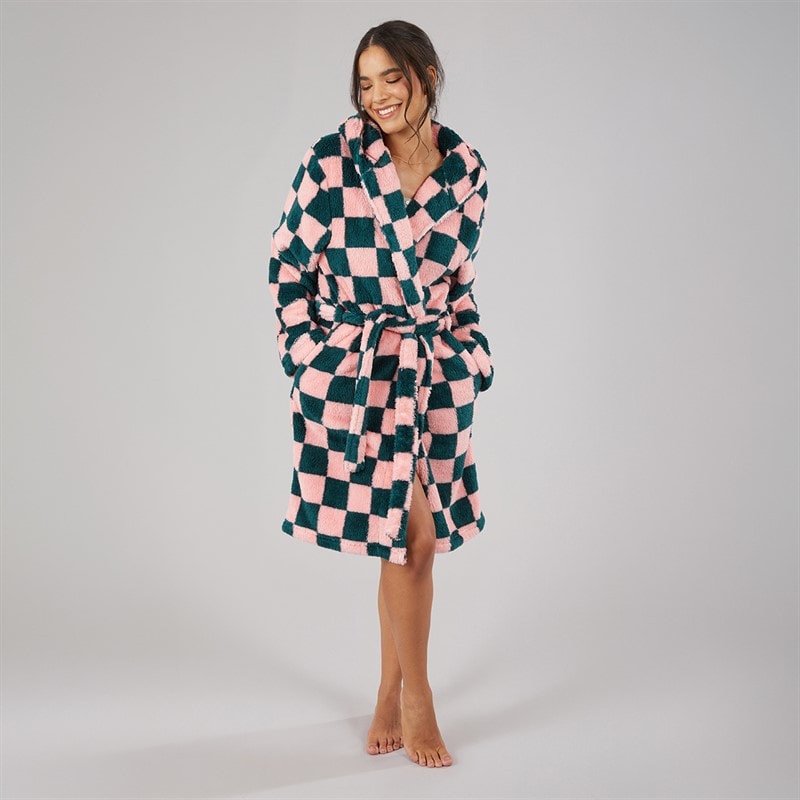Dames wellsoft geruite gewatteerde badjas met capuchon Roze/Groen Check - Afbeelding 4
